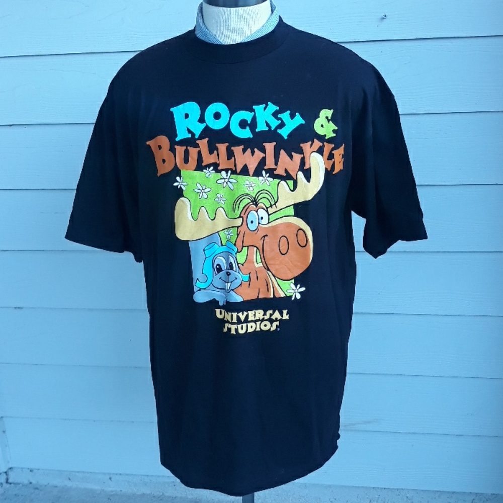 ROCKY & BULLWINKLE Graphic Tee Universal Studios Black XXL Mens T Shirt VTG 90s